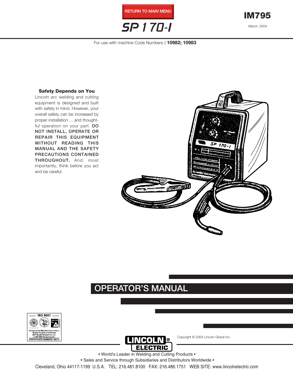 Lincoln Electric IM795 SP-170I User Manual | 39 pages