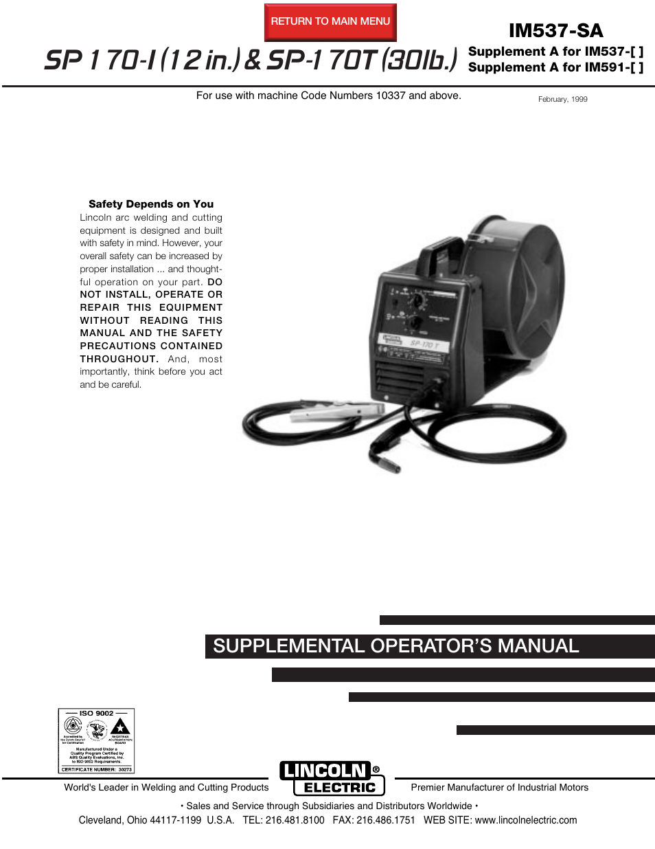 Lincoln Electric IM537sa SP-170T (30lb.) User Manual | 8 pages