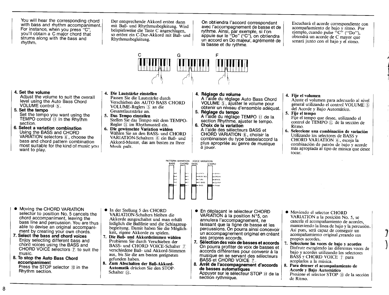 Set the volume, Set the tempo, Select a variation combination | Réglage du volume, Réglage du tempo, Choix de la variation | Yamaha PSR-31 User Manual | Page 10 / 20