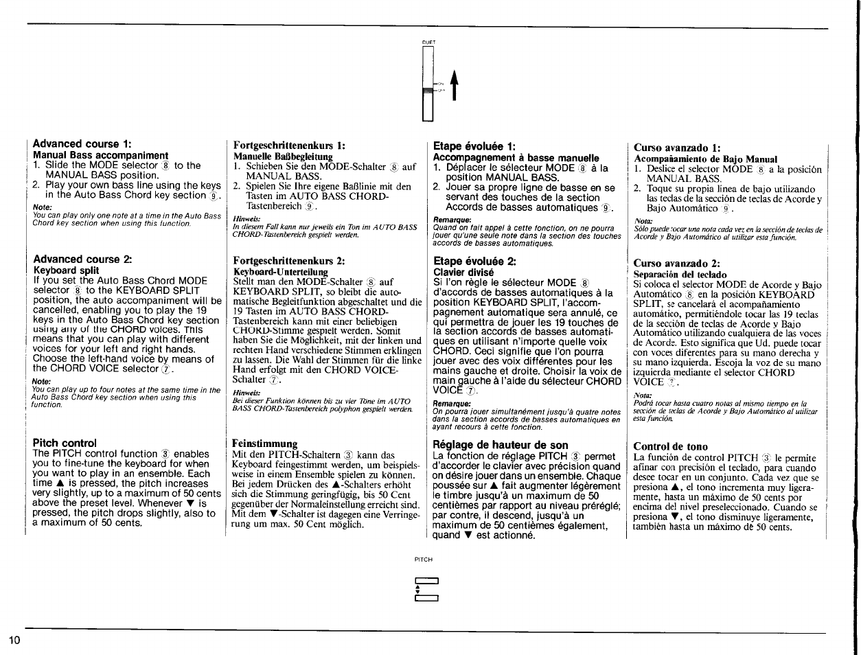 Etape évoluée 1, Accompagnement à basse manuelle, Etape évoluée 2 | Clavier divisé, Réglage de hauteur de son, Curso avanzado 1, Curso avanzado 2, Control de tono | Yamaha PSR-31 User Manual | Page 12 / 20