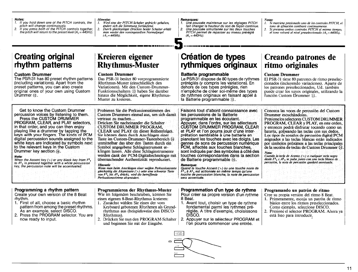 Creating original rhythm patterns, Custom drummer, Kreieren eigener rhythmus-muster | Création de types rythmiques originaux, Batterie programmable, Creando patrones de ritmo origínales, Programming a rhythm pattern, Programmieren der rhythmus-muster, Programmation d’un type de rythme, Programando un patron de ritmo | Yamaha PSR-31 User Manual | Page 13 / 20