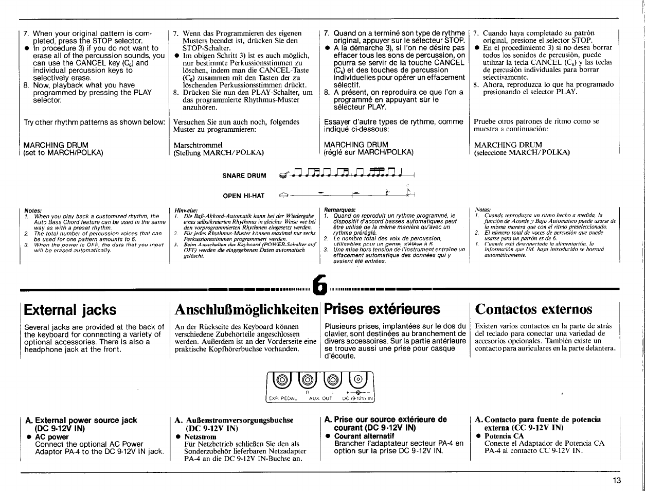 External jacks, Anschlußmöglichkeiten, Prises extérieures | Contactos externos, A. external power source jack (dc 9-12v in) | Yamaha PSR-31 User Manual | Page 15 / 20