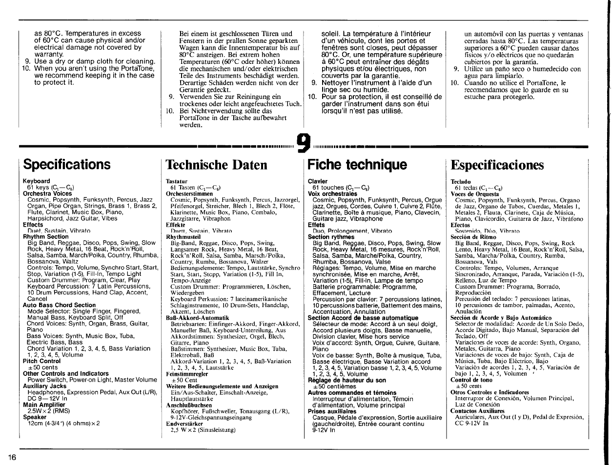 Specifications, Technische daten, Fiche technique | Especificaciones | Yamaha PSR-31 User Manual | Page 18 / 20