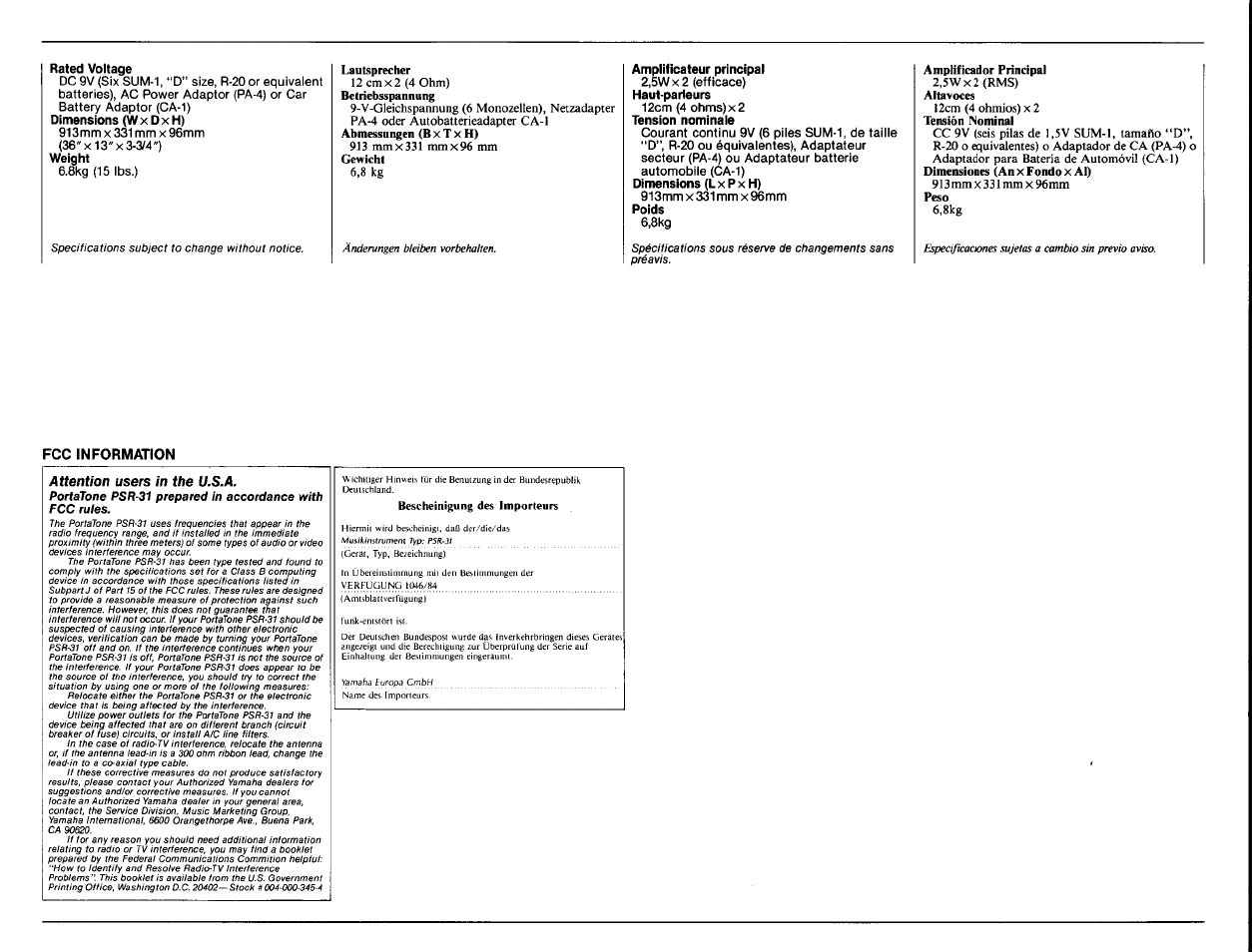 Fcc information | Yamaha PSR-31 User Manual | Page 19 / 20