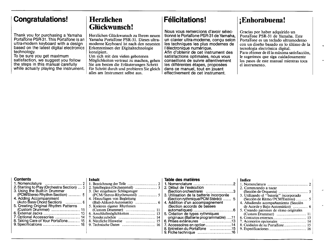 Congratulations, Herzlichen, Glückwunsch | Félicitations, Enhorabuena, Herzlichen glückwunsch | Yamaha PSR-31 User Manual | Page 2 / 20