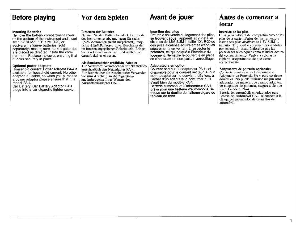 Before playing, Inserting batteries, Optional power adaptors | Vor dem spielen, Avant de jouer, Insertion des piles, Adaptateurs en option, Antes de comenzar a tocar | Yamaha PSR-31 User Manual | Page 3 / 20