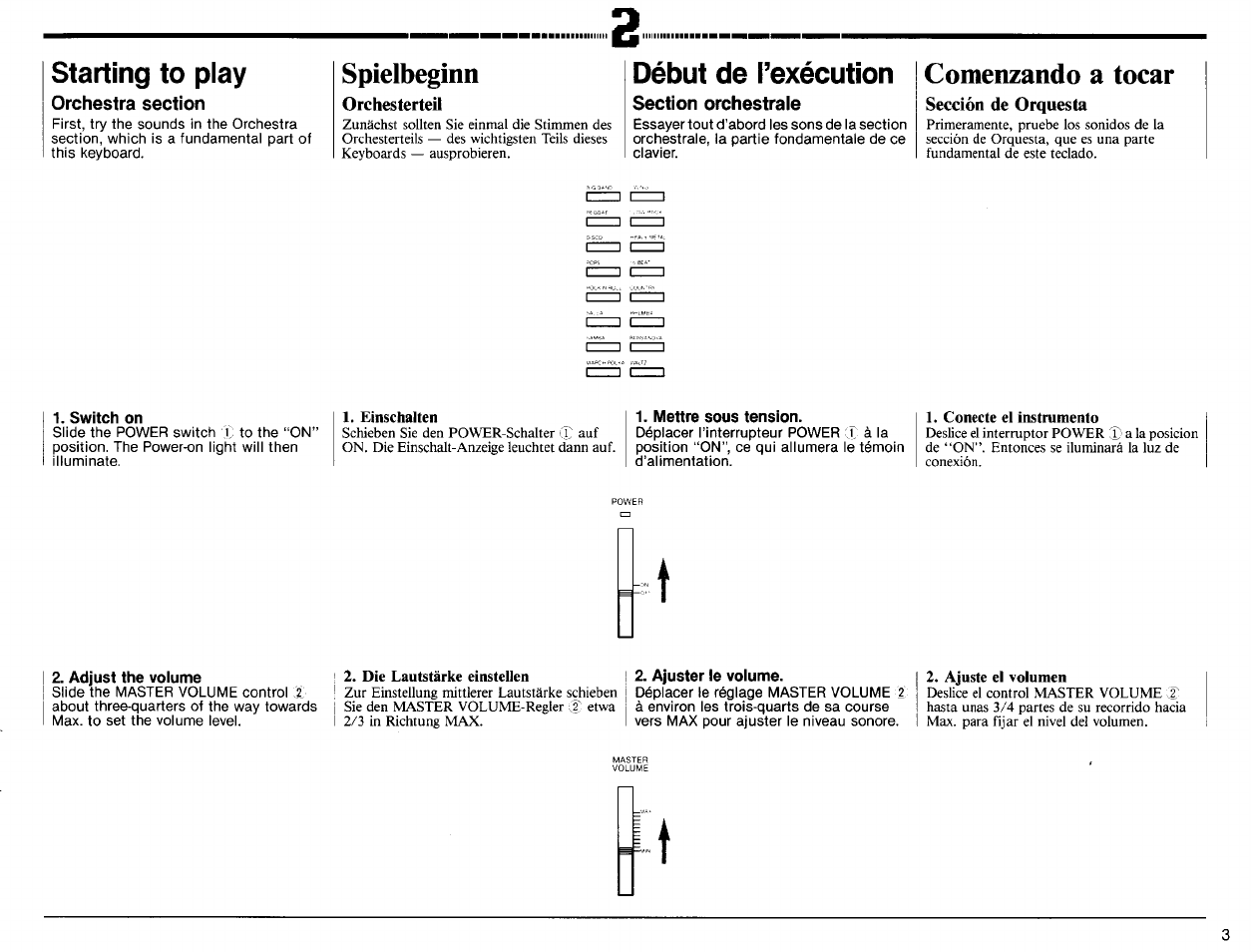 Starting to play, Spielbeginn, Orchesterteil | Début de l’exécution, Comenzando a tocar, Sección de orquesta, Switch on, Mettre sous tension, Adjust the volume, Ajuster le volume | Yamaha PSR-31 User Manual | Page 5 / 20