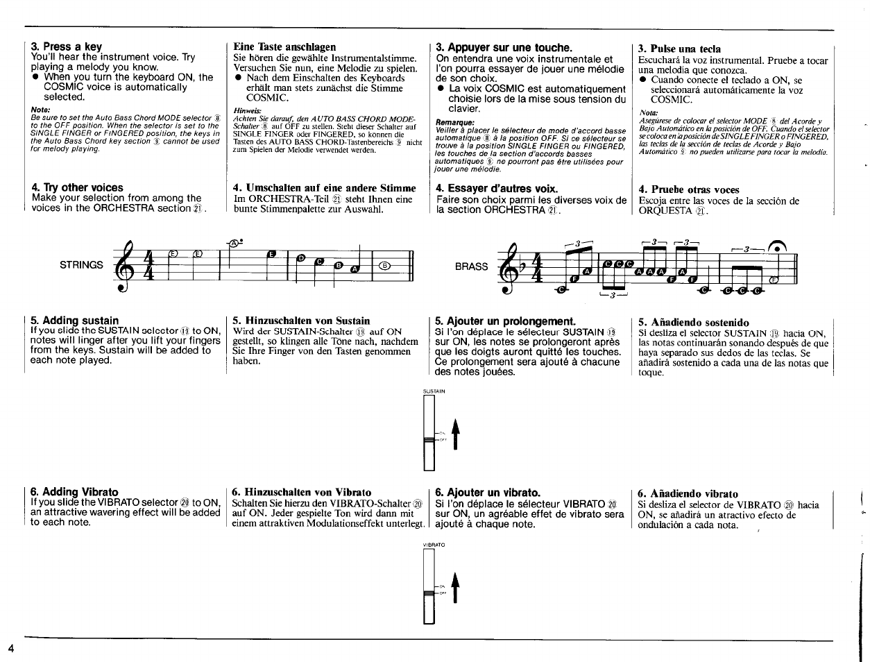 Press a key, Try other voices, Appuyer sur une touche | Essayer d’autres voix, Adding sustain, Ajouter un prolongement, Adding vibrato, Ajouter un vibrato, Дp p | Yamaha PSR-31 User Manual | Page 6 / 20