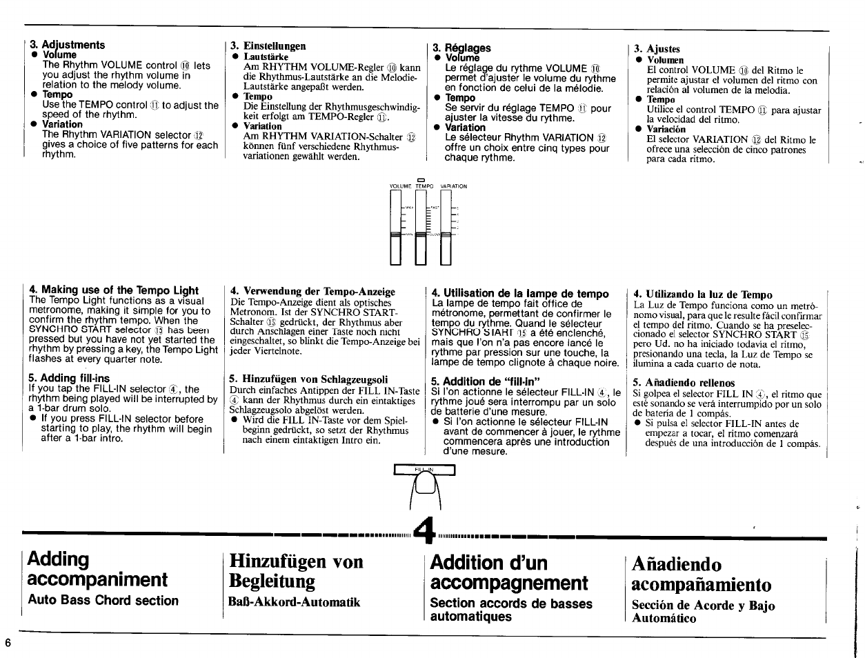 Adjustments, Utilisation de la lampe de tempo, Addition de “fill-in | Hinzufügen von, Añadiendo, Begleitung, Acompañamiento, Adding, Addition d’un, Accompaniment | Yamaha PSR-31 User Manual | Page 8 / 20