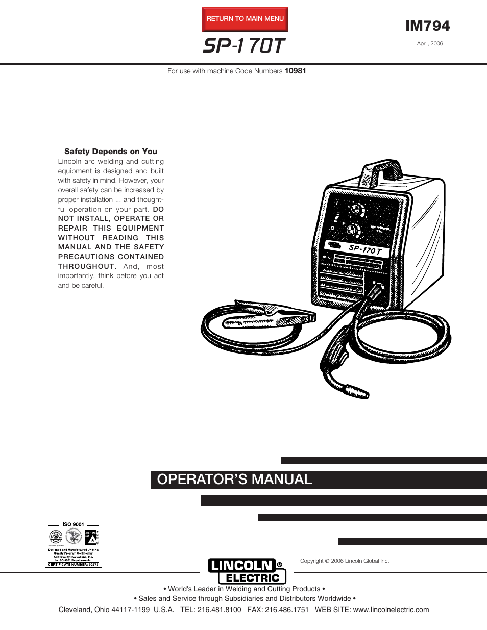 Lincoln Electric IM794 SP-170T User Manual | 36 pages