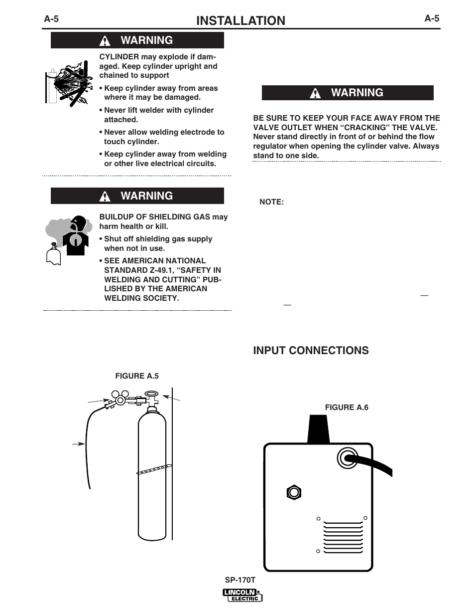 Installation, Input connections, Warning | Lincoln Electric IM794 SP-170T User Manual | Page 12 / 36