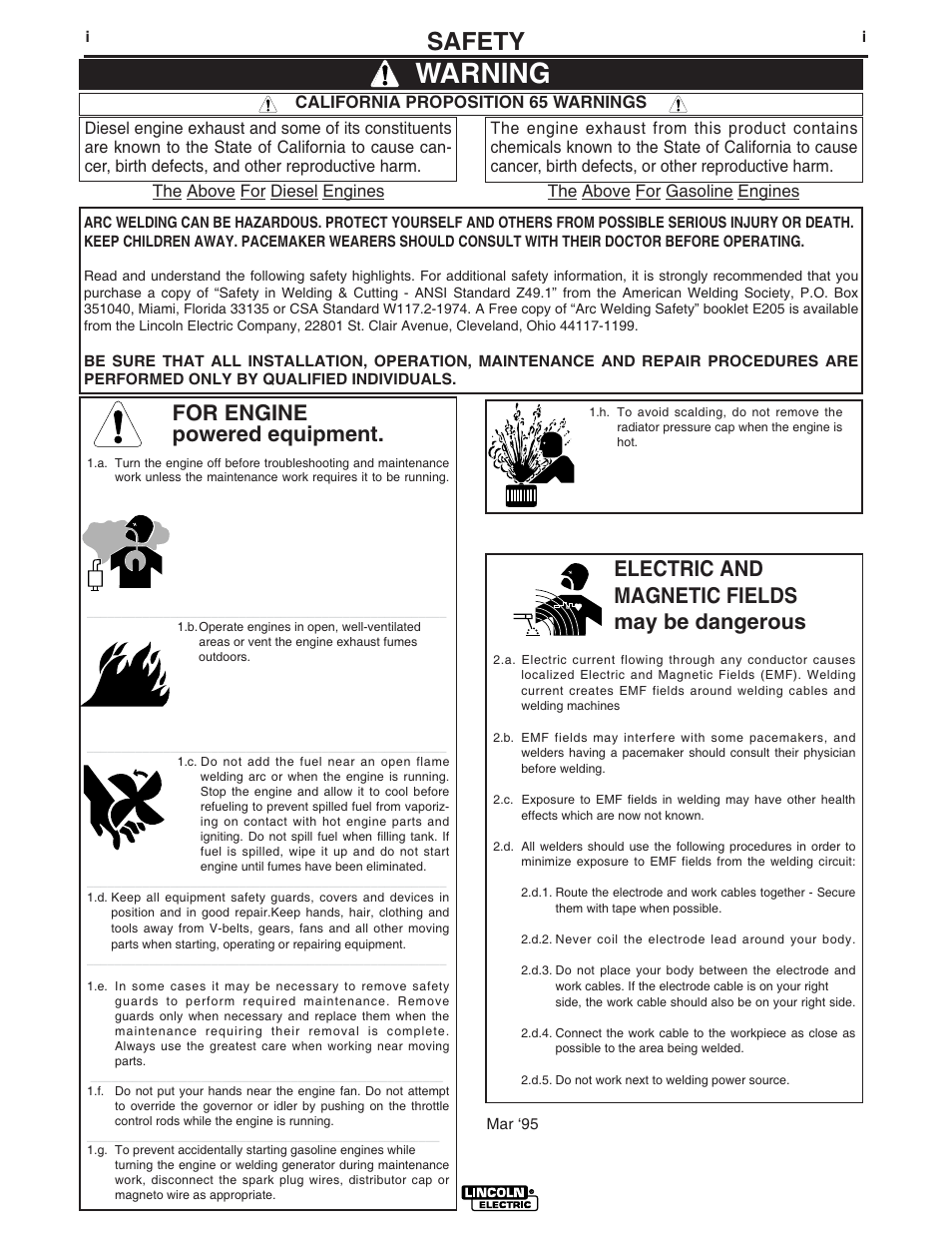 Warning, Safety, For engine powered equipment | Electric and magnetic fields may be dangerous | Lincoln Electric IM794 SP-170T User Manual | Page 2 / 36