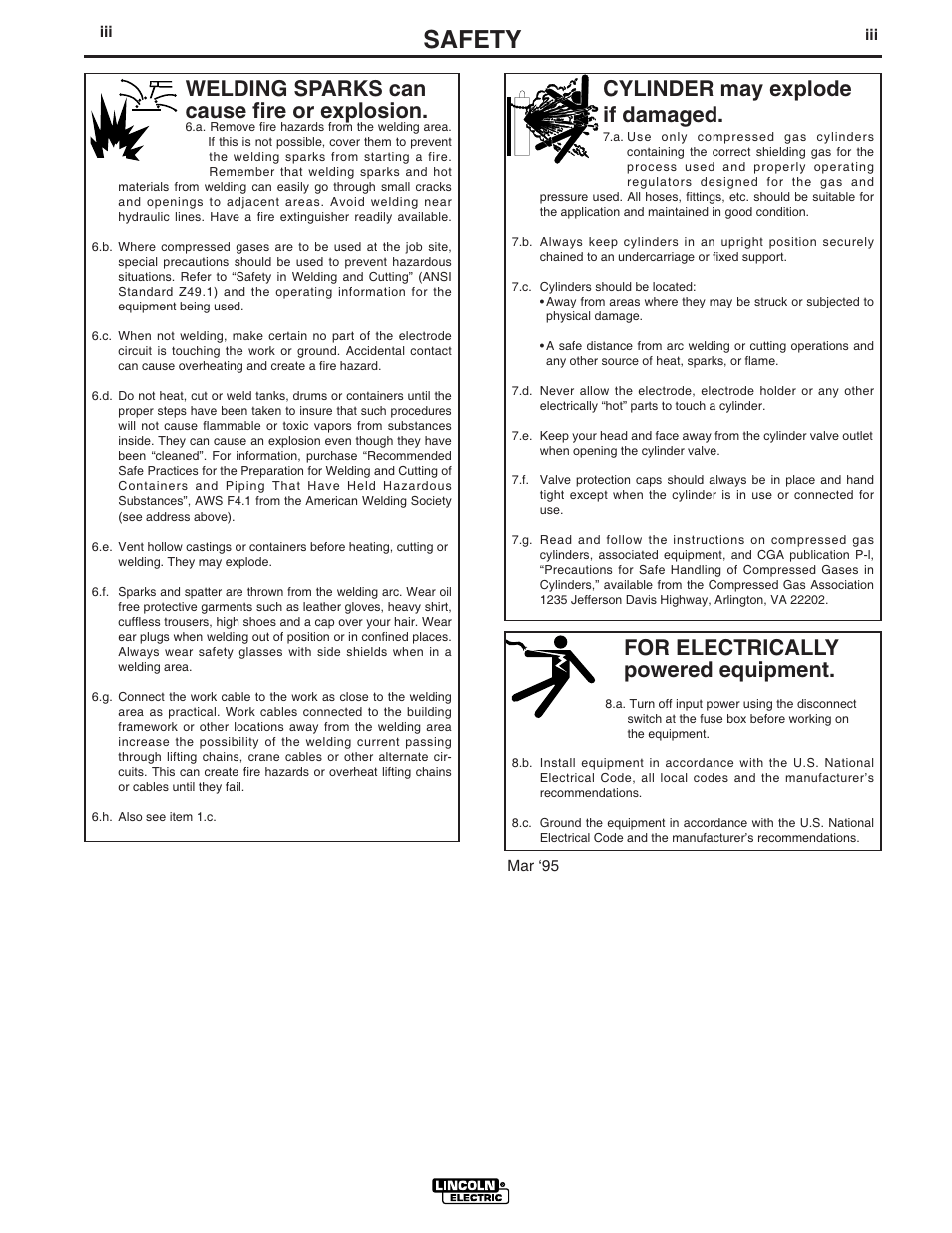 Safety, For electrically powered equipment, Cylinder may explode if damaged | Welding sparks can cause fire or explosion | Lincoln Electric IM794 SP-170T User Manual | Page 4 / 36
