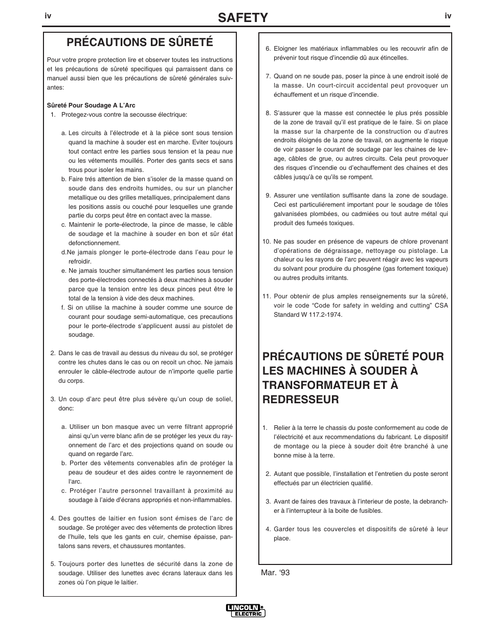 Safety, Précautions de sûreté | Lincoln Electric IM794 SP-170T User Manual | Page 5 / 36