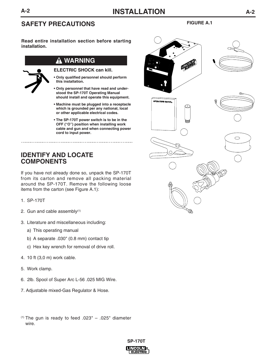 Installation, Safety precautions, Identify and locate components | Warning | Lincoln Electric IM794 SP-170T User Manual | Page 9 / 36