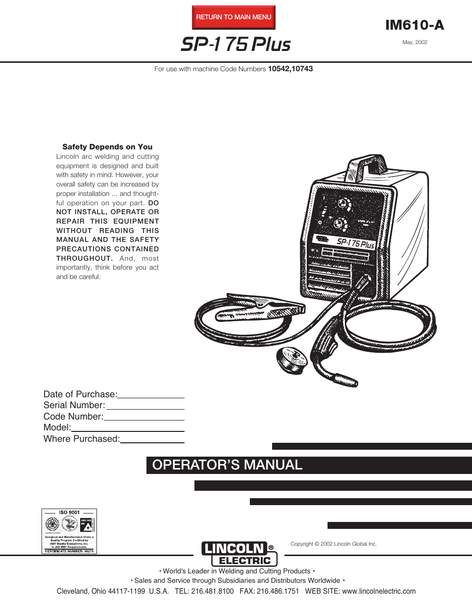 Lincoln Electric IM610 SP-175 Plus User Manual | 49 pages