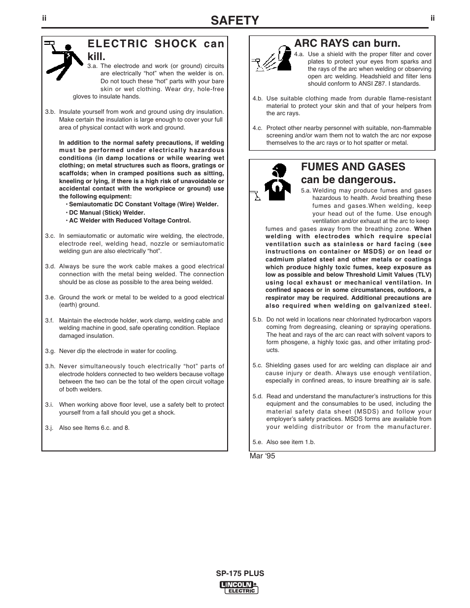 Safety, Arc rays can burn, Electric shock can kill | Fumes and gases can be dangerous | Lincoln Electric IM610 SP-175 Plus User Manual | Page 3 / 49