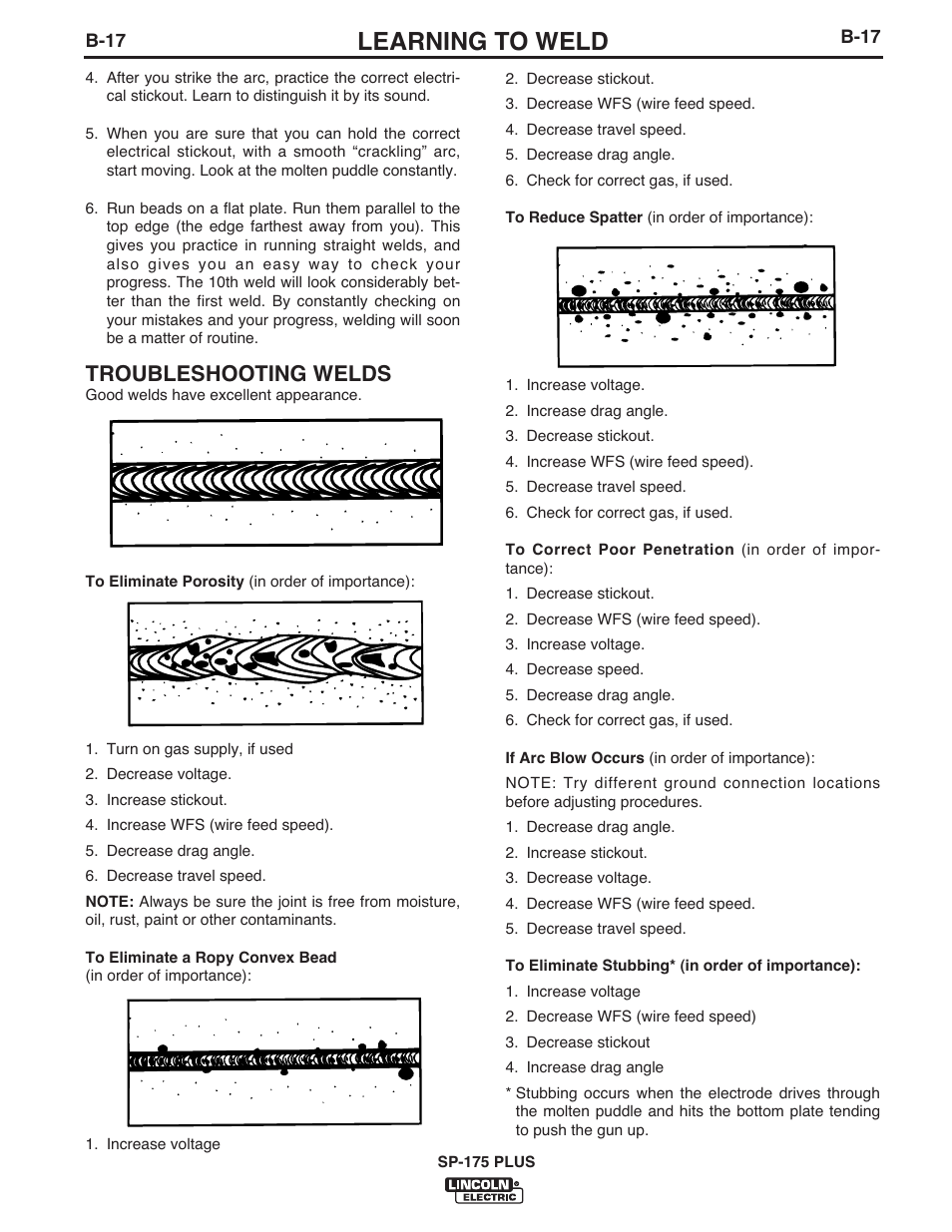 Learning to weld, Troubleshooting welds | Lincoln Electric IM610 SP-175 Plus User Manual | Page 30 / 49