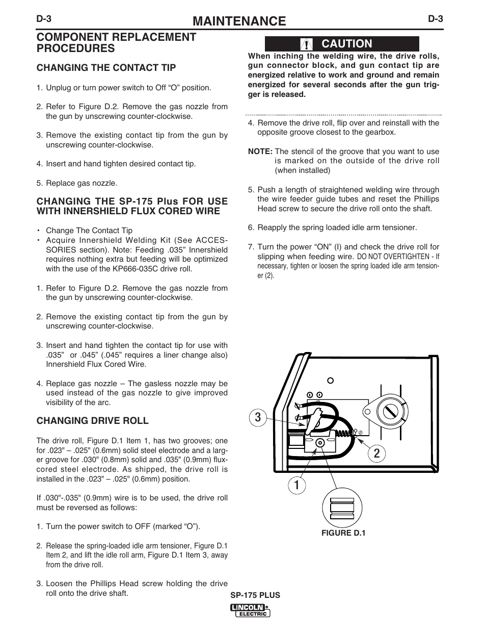 Maintenance, Component replacement procedures, Caution | Lincoln Electric IM610 SP-175 Plus User Manual | Page 37 / 49