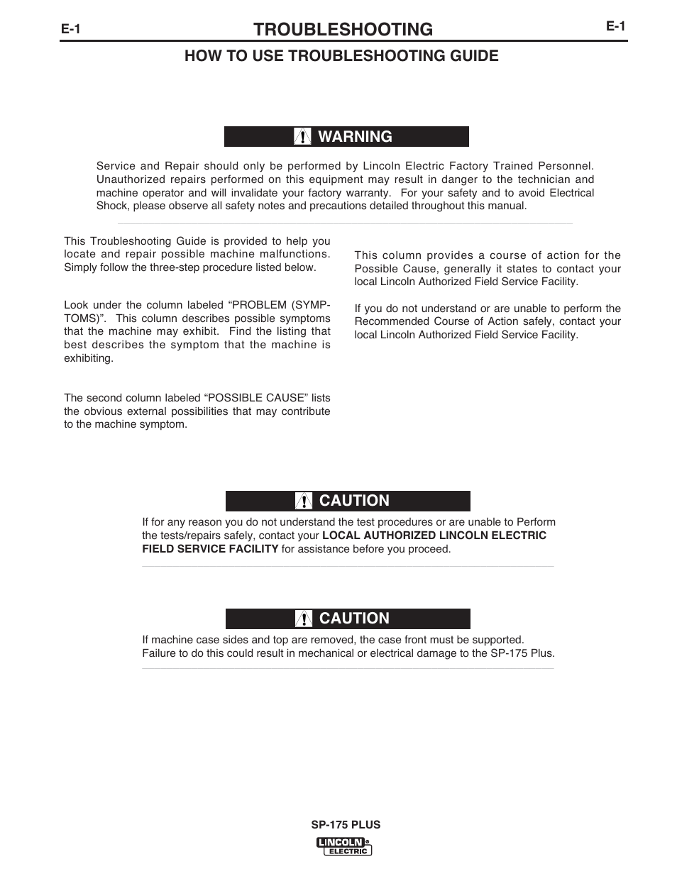 Troubleshooting, Caution, How to use troubleshooting guide | Warning | Lincoln Electric IM610 SP-175 Plus User Manual | Page 40 / 49