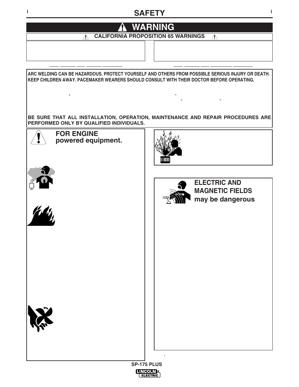 Warning, Safety, For engine powered equipment | Electric and magnetic fields may be dangerous | Lincoln Electric IM790 SP-175 Plus User Manual | Page 2 / 37