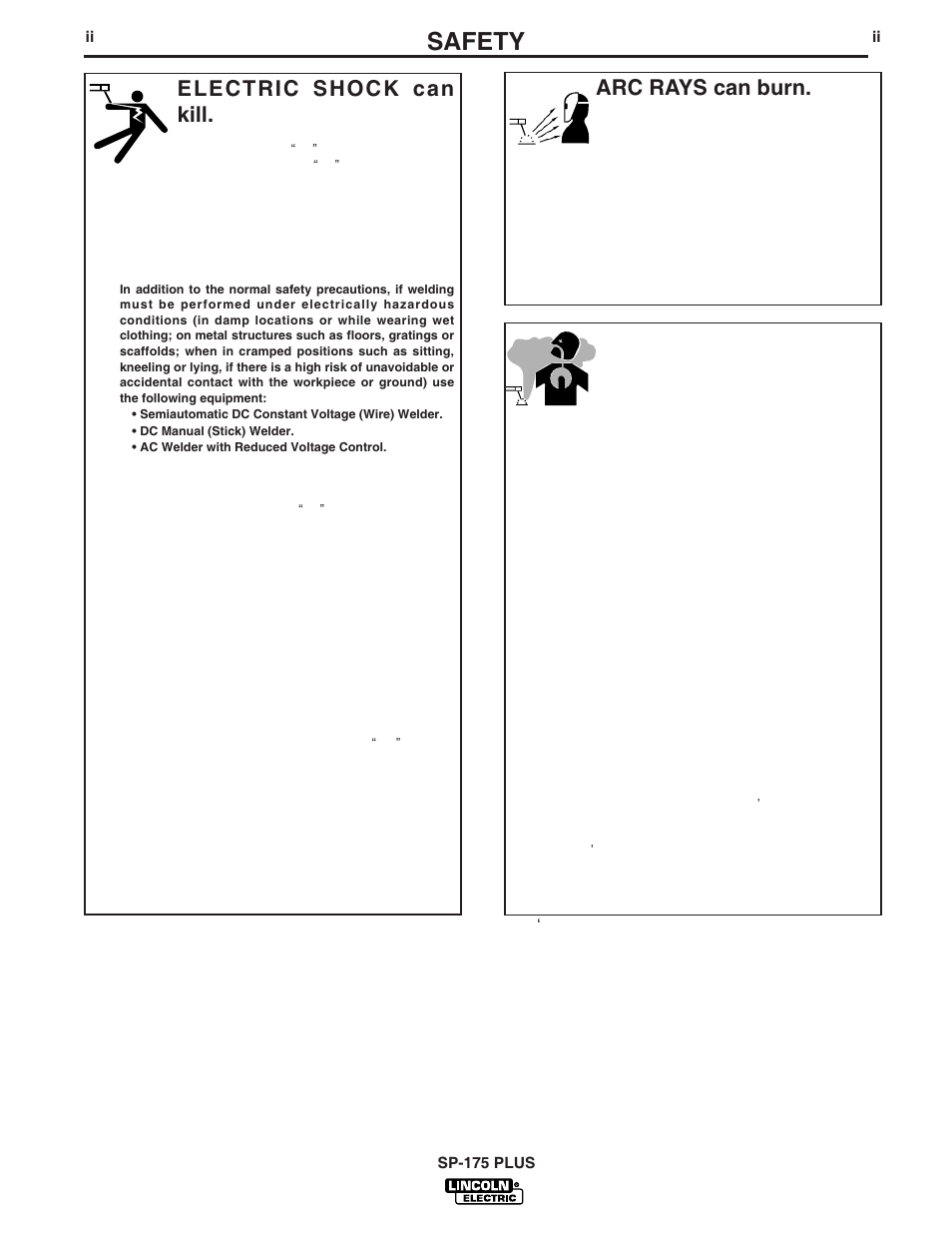 Safety, Arc rays can burn, Electric shock can kill | Fumes and gases can be dangerous | Lincoln Electric IM790 SP-175 Plus User Manual | Page 3 / 37