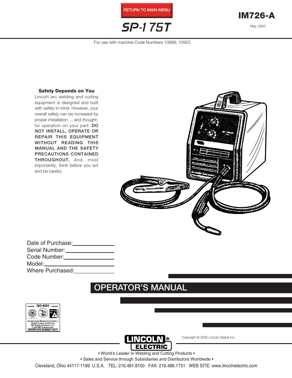 Lincoln Electric IM726 SP-175T User Manual | 45 pages