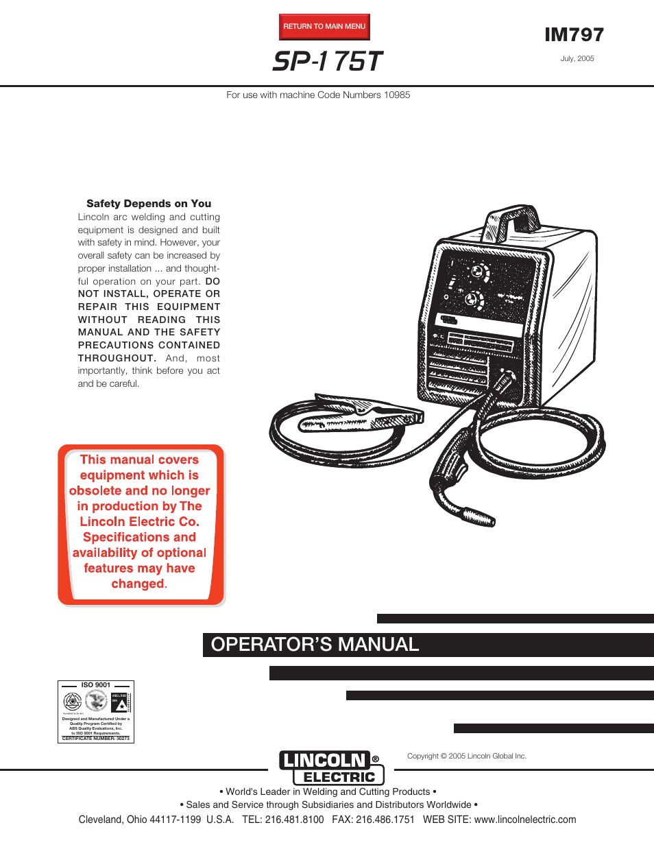 Lincoln Electric IM797 SP-175T User Manual | 36 pages