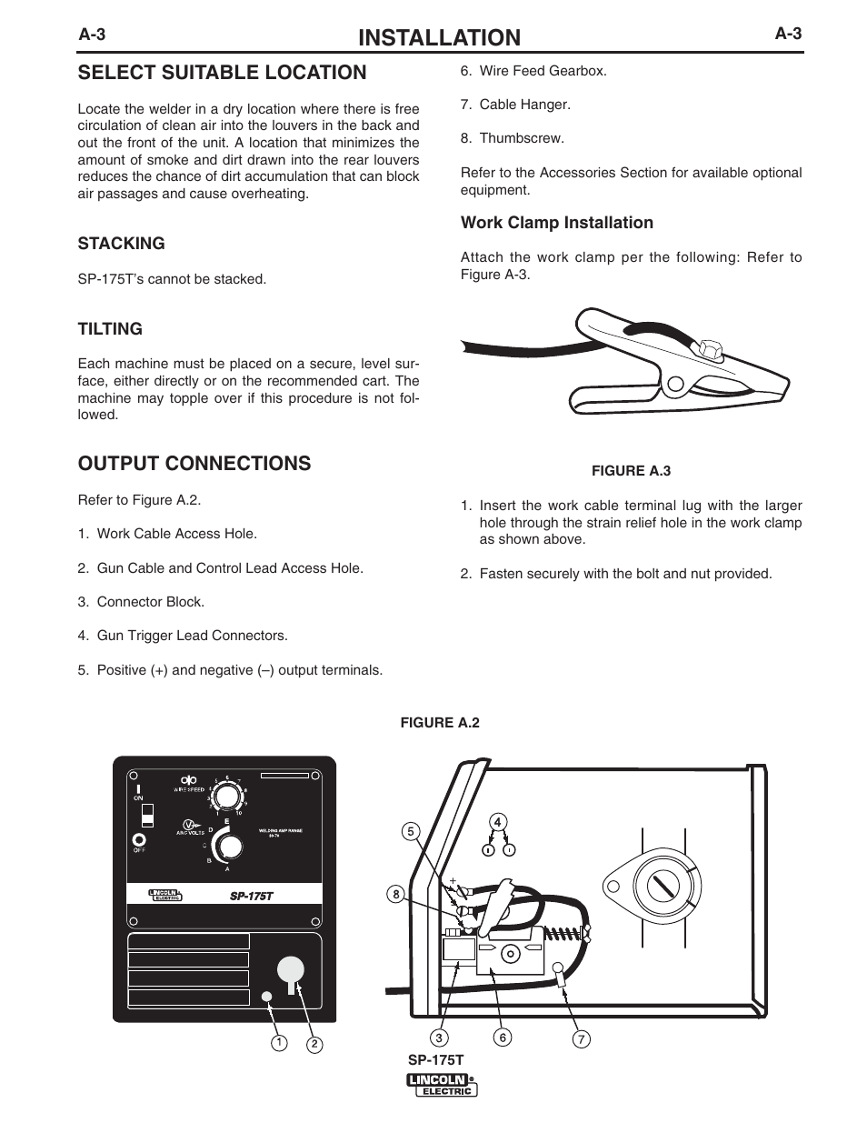 Installation, Select suitable location, Output connections | Lincoln Electric IM797 SP-175T User Manual | Page 10 / 36