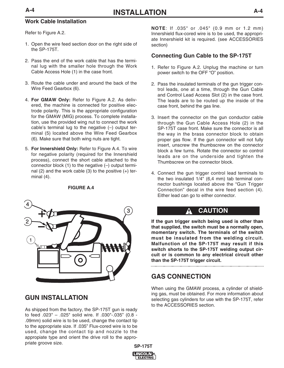 Installation, Gas connection, Caution gun installation | Lincoln Electric IM797 SP-175T User Manual | Page 11 / 36
