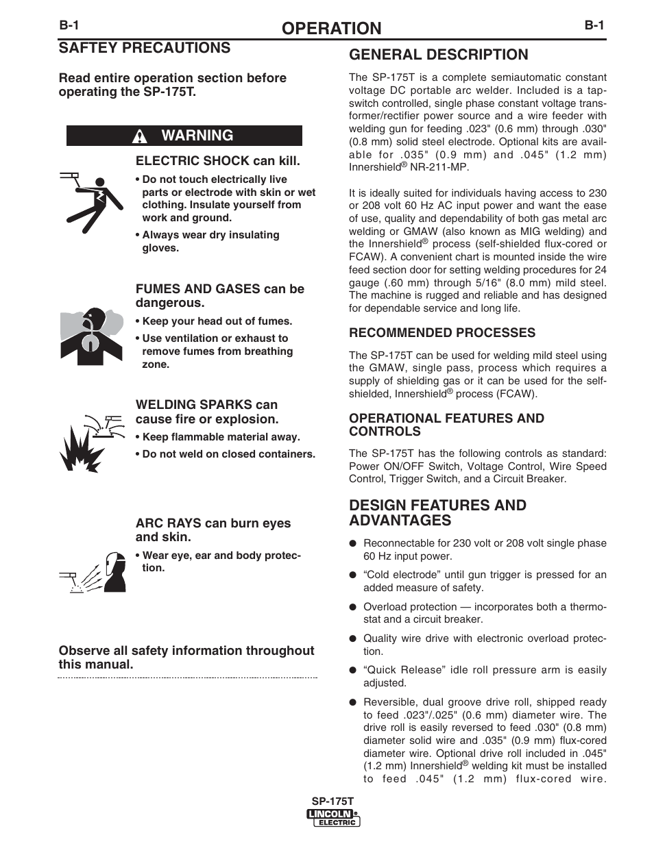 Operation, Warning general description, Design features and advantages | Saftey precautions | Lincoln Electric IM797 SP-175T User Manual | Page 14 / 36