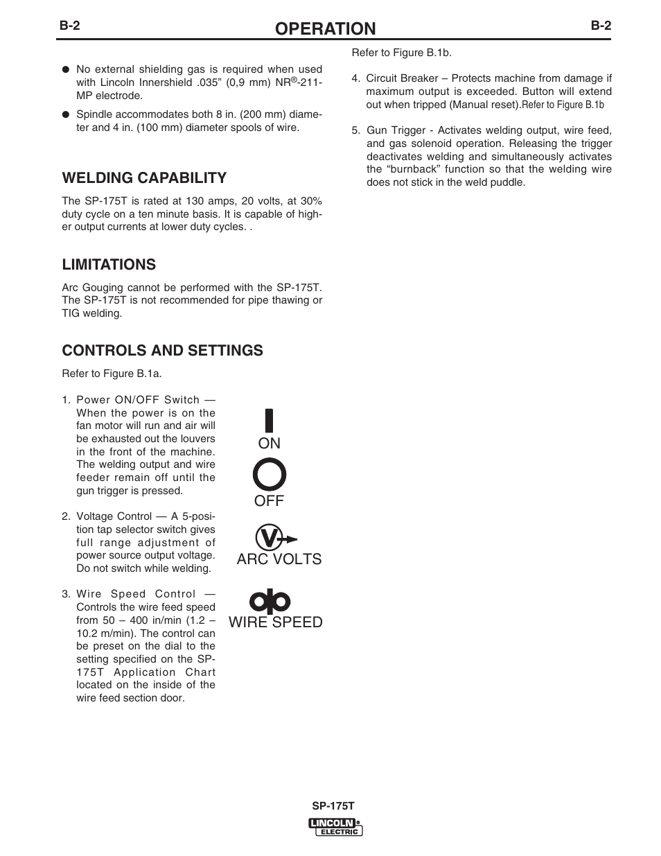 Operation, Welding capability, Limitations | Controls and settings, Off on arc volts wire speed | Lincoln Electric IM797 SP-175T User Manual | Page 15 / 36