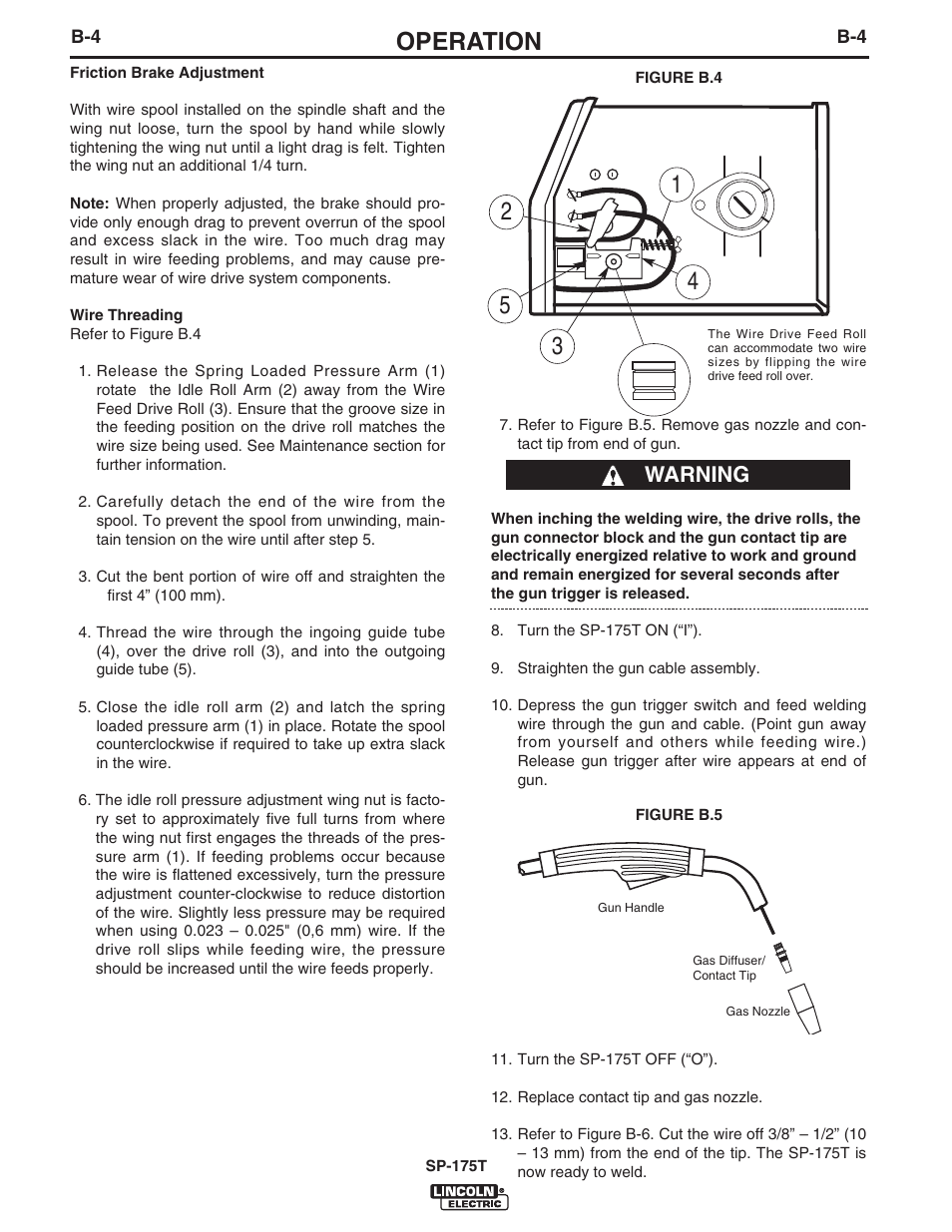 Operation, Warning | Lincoln Electric IM797 SP-175T User Manual | Page 17 / 36