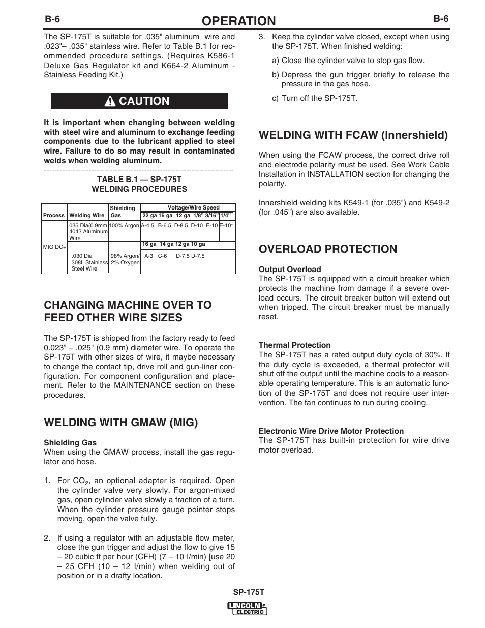 Operation, Changing machine over to feed other wire sizes, Welding with gmaw (mig) | Welding with fcaw (innershield), Overload protection, Caution | Lincoln Electric IM797 SP-175T User Manual | Page 19 / 36