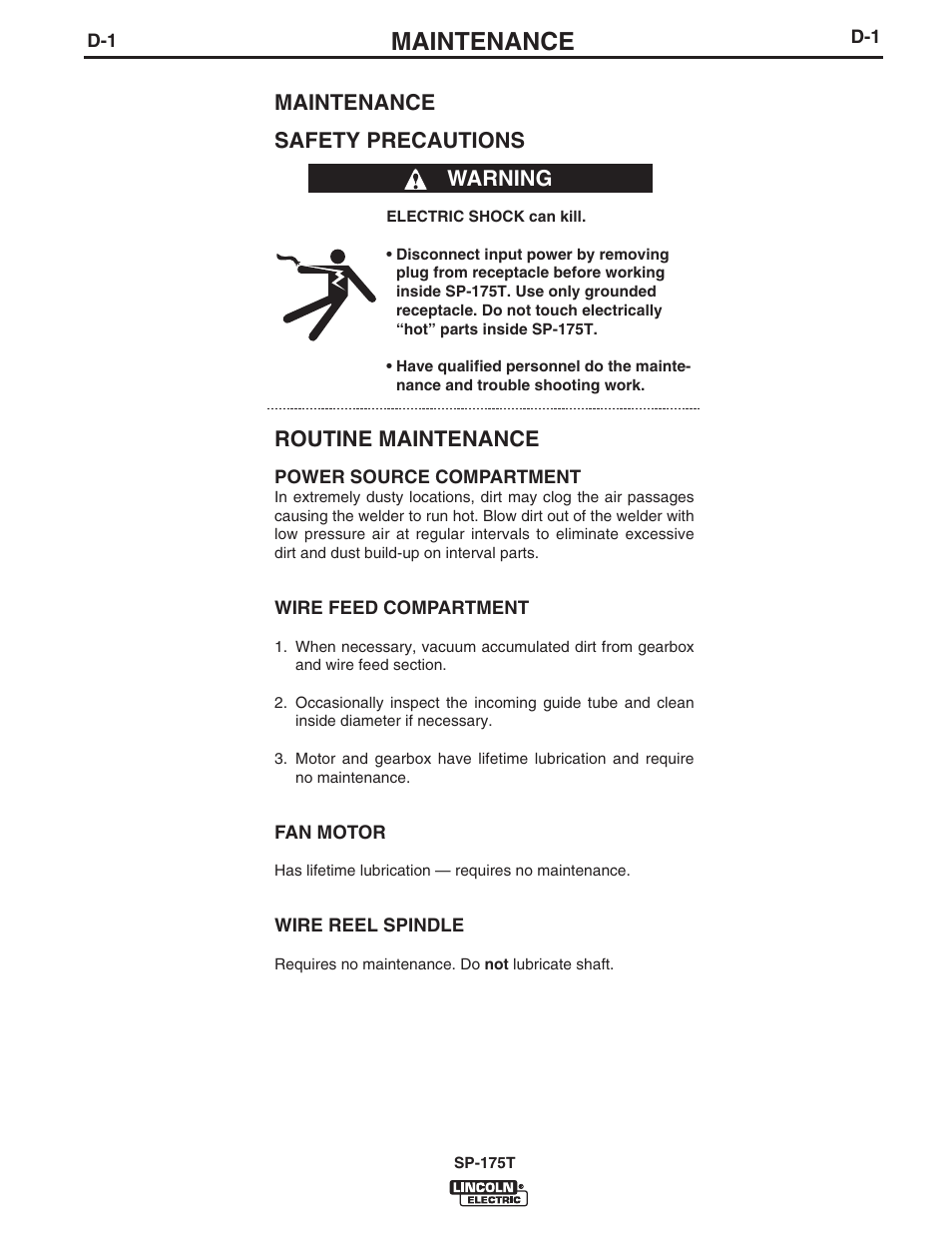 Maintenance, Maintenance safety precautions, Routine maintenance | Warning | Lincoln Electric IM797 SP-175T User Manual | Page 23 / 36