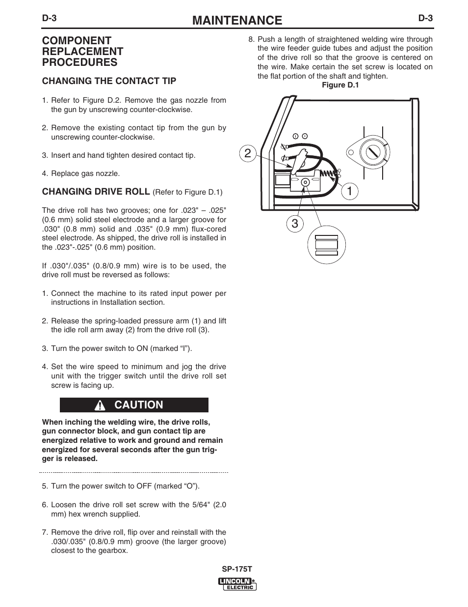 Maintenance, Component replacement procedures, Caution | Lincoln Electric IM797 SP-175T User Manual | Page 25 / 36