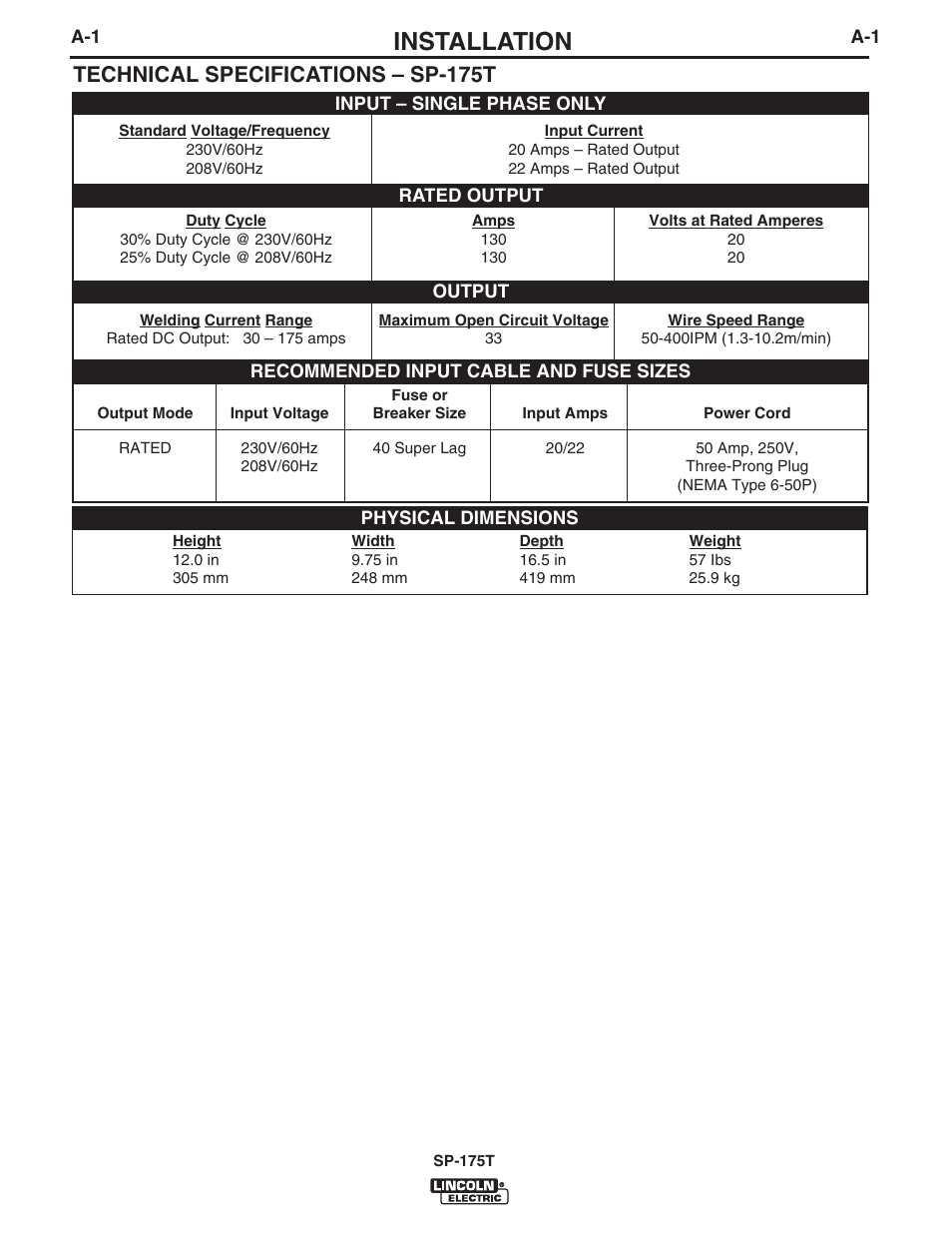 Installation, Technical specifications – sp-175t | Lincoln Electric IM797 SP-175T User Manual | Page 8 / 36