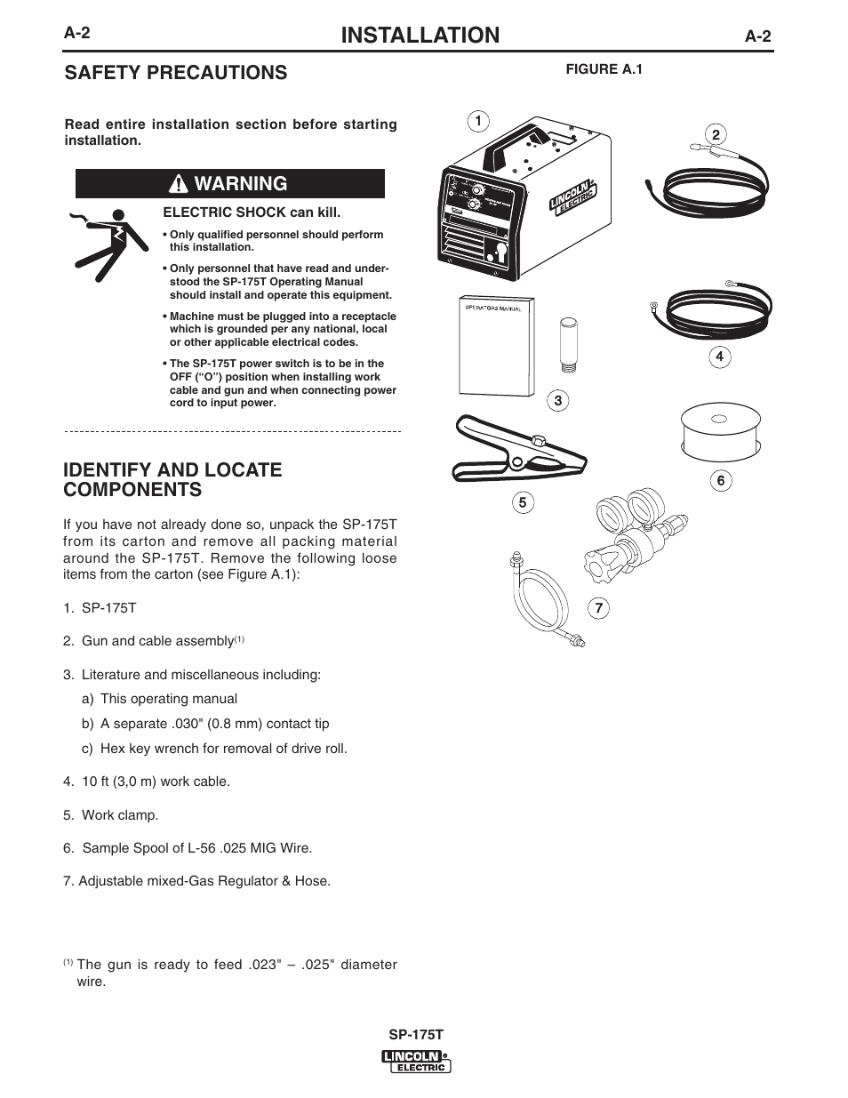 Installation, Safety precautions, Identify and locate components | Warning | Lincoln Electric IM797 SP-175T User Manual | Page 9 / 36