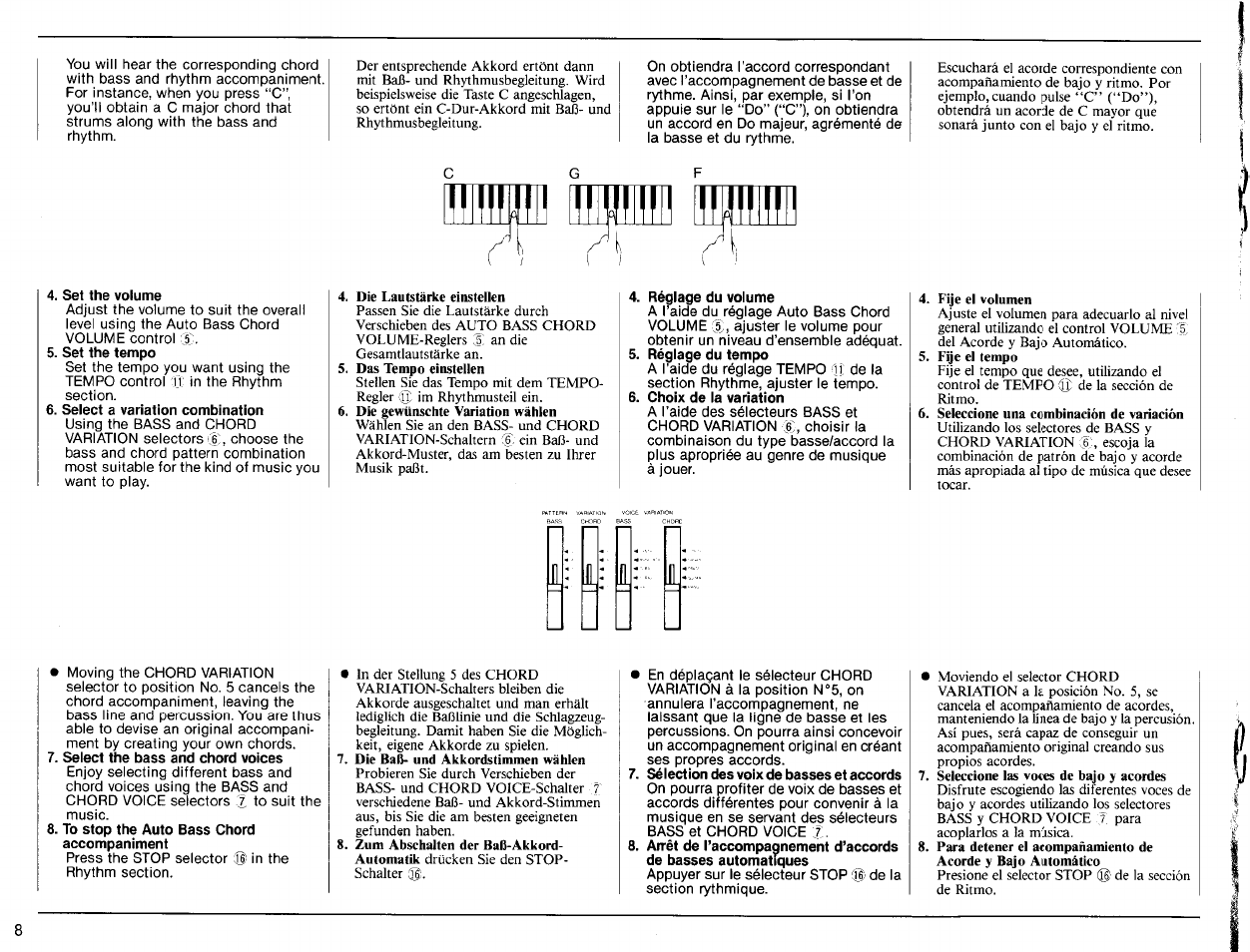 Set the volume, Set the tempo, Select a variation combination | Réglage du volume, To stop the auto bass chord accompaniment, Jl: £: ц | Yamaha PSR-32 User Manual | Page 10 / 20