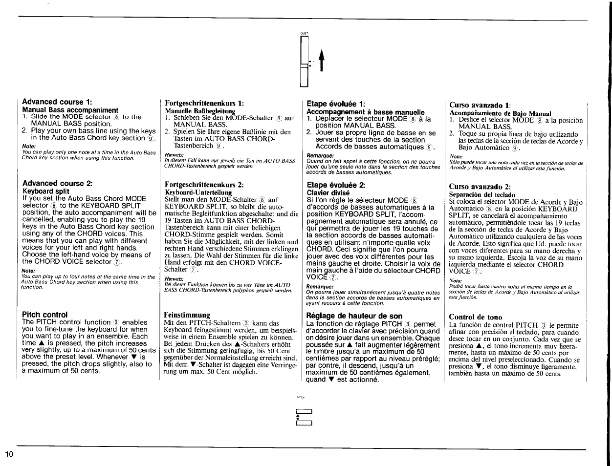 Advanced course 1, Advanced course 2, Pitch control | Fortgeschrittenenkurs 1, Feinstimmung, Etape évoluée 1, Etape évoluée 2, Réglage de hauteur de son, Curso avanzado 1, Curso avanzado 2 | Yamaha PSR-32 User Manual | Page 12 / 20