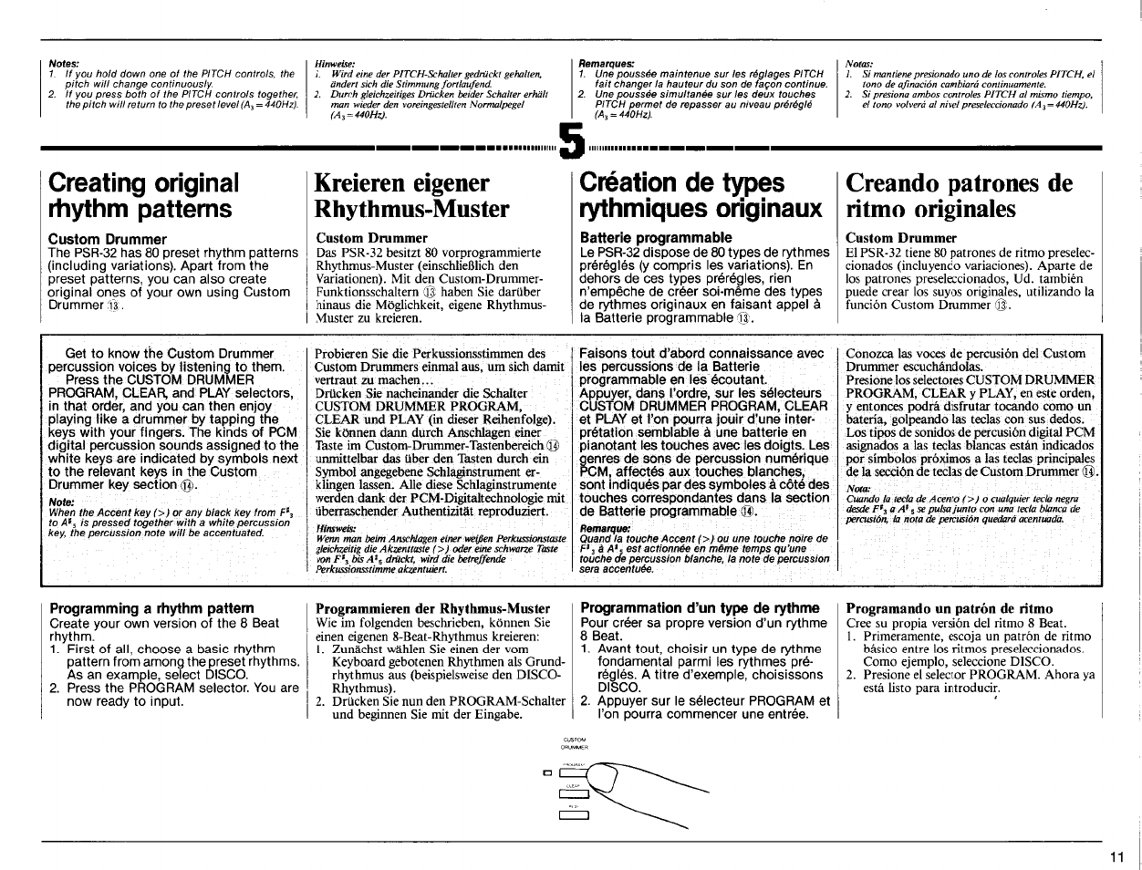 Creating original rtiythm patterns, Custom drummer, Kreieren eigener rhythmus-muster | Création de types rythmiques originaux, Batterie programmable, Creando patrones de ritmo originales, Programming a rhythm pattern, Programmieren der rhythmus-muster, Programmation d’un type de rythme, Programando un patron de ritmo | Yamaha PSR-32 User Manual | Page 13 / 20