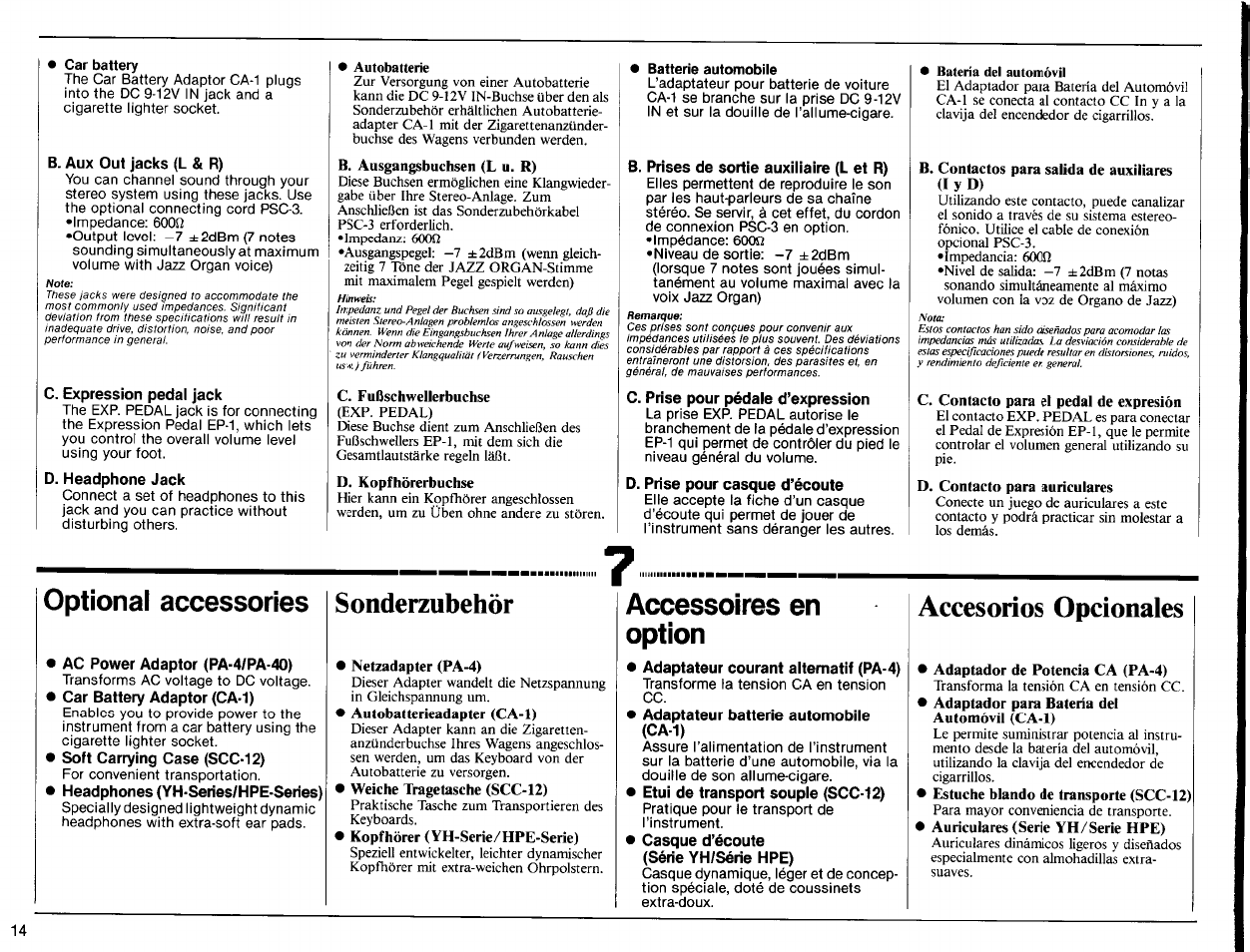 Саг battery, B. aux out jacks (l & r), C. expression pedal jack | D. headphone jack, C. fußschwellerbuchse, Batterie automobile, B. prises de sortie auxiliaire (l et r), C. prise pour pédale d’expression, D. prise pour casque d’écoute, B. contactos para salida de auxiliares | Yamaha PSR-32 User Manual | Page 16 / 20