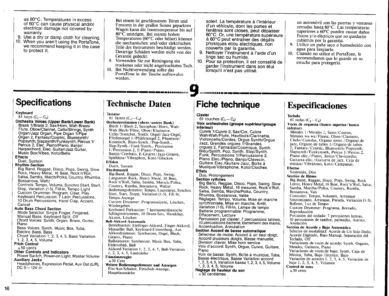 Specifications, Technische daten, Fiche technique | Especificaciones | Yamaha PSR-32 User Manual | Page 18 / 20
