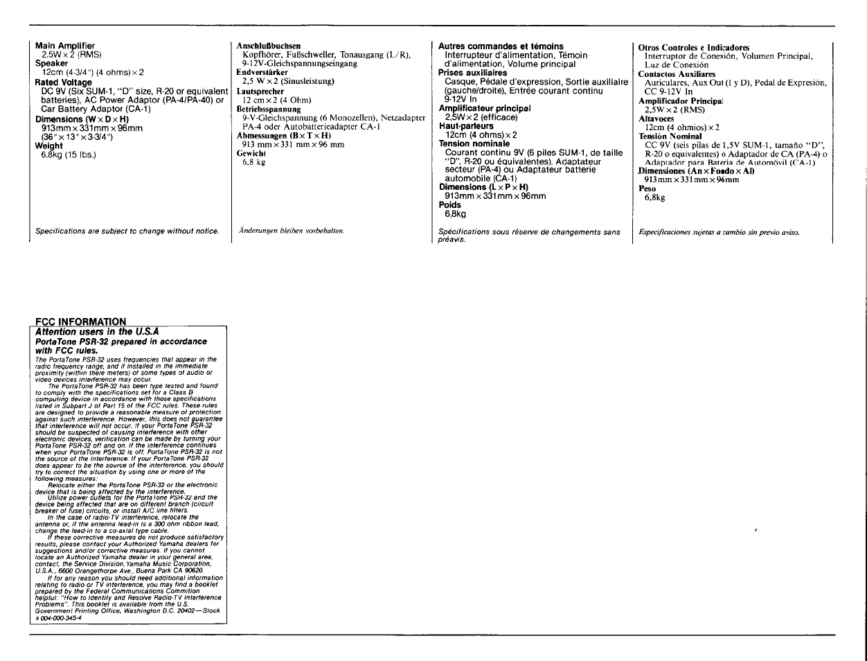Fcc information, Users in the u.s.a | Yamaha PSR-32 User Manual | Page 19 / 20