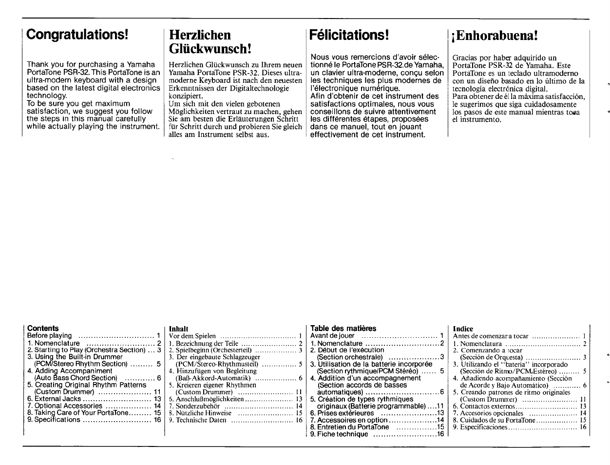 Congratulations, Herzlichen, Glückwunsch | Félicitations, Enhorabuena, Herzlichen glückwunsch | Yamaha PSR-32 User Manual | Page 2 / 20