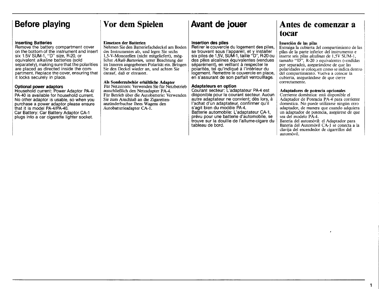 Inserting batteries, Optional power adaptors, Vor dem spielen | Insertion des piles, Adaptateurs en option, Antes de comenzar a tocar, Before playing, Avant de jouer | Yamaha PSR-32 User Manual | Page 3 / 20