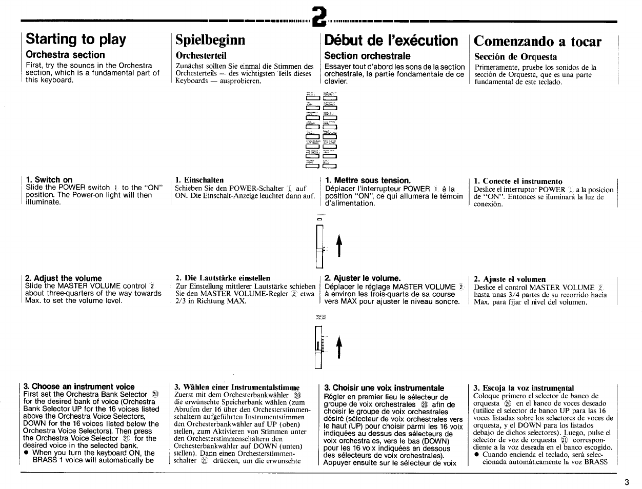 Starting to play, Spielbeginn, Orchesterteil | Début de l’exécution, Comenzando a tocar, Sección de orquesta, Switch on, Mettre sous tension, Adjust the volume, Ajuster le volume | Yamaha PSR-32 User Manual | Page 5 / 20