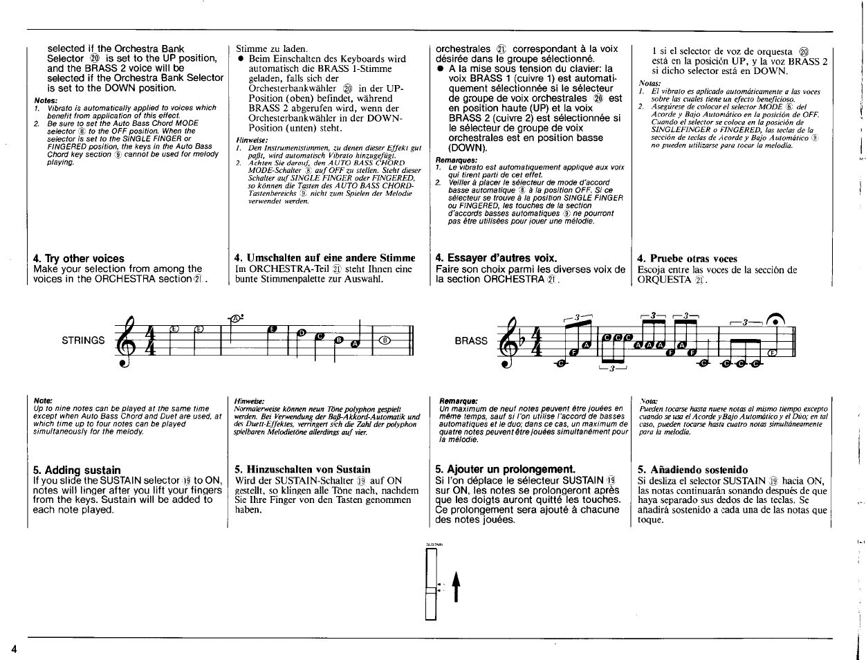 Try other voices, Umschalten auf eine andere stimme, Essayer d’autres voix | Adding sustain, Hinzuschalten von sustain, Ajouter un prolongement, Añadiendo sostenido | Yamaha PSR-32 User Manual | Page 6 / 20