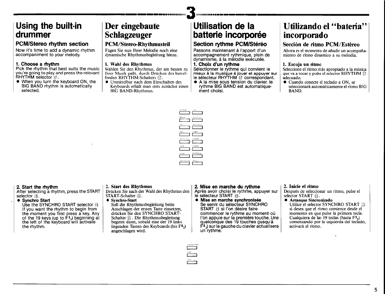 Using the built-in drummer, Choose a rhythm, Der eingebaute schlagzeuger | Pcm/stereo-rhythmusteil, Utilisation de la batterie incorporée, Utilizando el “batería” incorporado, Sección de ritmo pcm/estéreo, Start the rtiythm, Mise en marche du rythme, Pcm/stereo rhythm section) | Yamaha PSR-32 User Manual | Page 7 / 20
