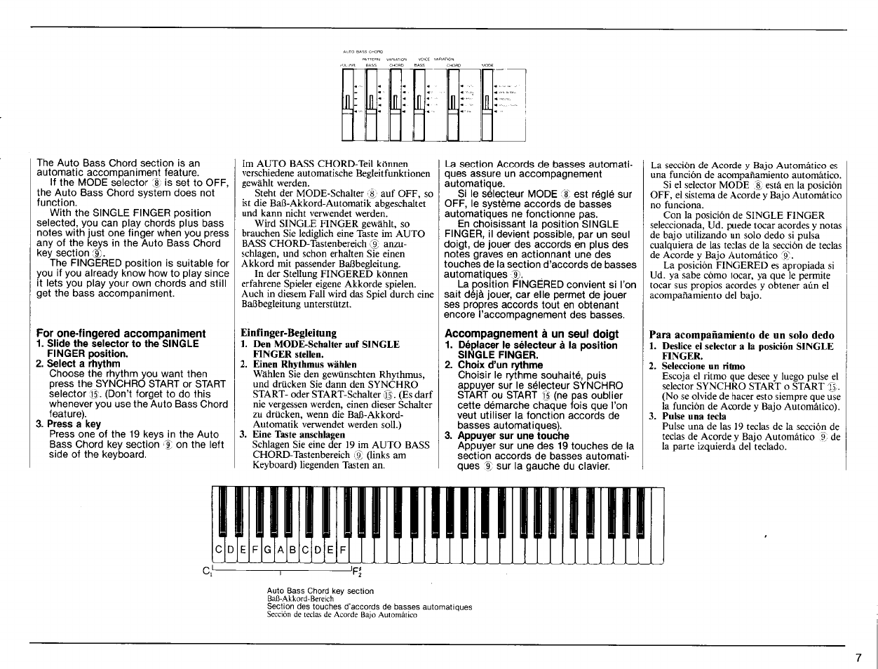 For one-fingered accompaniment, Slide the selector to the single finger position, Select a rhythm | Press a key, Einfinger-begleitung, Accompagnement à un seul doigt, Déplacer le sélecteur à la position single finger, Choix d’un rythme, Appuyer sur une touche, Para acompañamiento de un solo dedo | Yamaha PSR-32 User Manual | Page 9 / 20